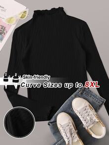 SHEIN CURVE+ 大尺碼女款黑色高領長袖T恤，秋季基礎上衣/冬季秋季，2026 22W 5XL-8XL - 黑色 - 查看 1