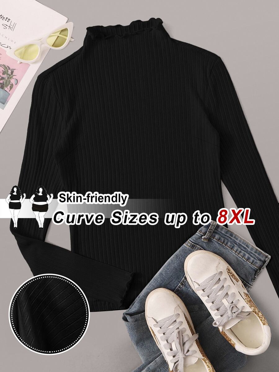 SHEIN CURVE+ 大尺碼女款黑色高領長袖T恤,秋季基礎上衣/冬季秋季,2026 22W 5XL-8XL - 黑色 - 查看 1