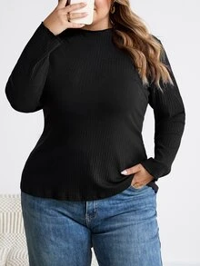 SHEIN CURVE+ 大尺碼女款黑色高領長袖T恤，秋季基礎上衣/冬季秋季，2026 22W 5XL-8XL - 黑色 - 查看 6
