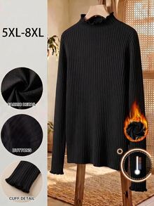 SHEIN CURVE+ 大尺碼女款黑色高領長袖T恤，秋季基礎上衣/冬季秋季，2026 22W 5XL-8XL - 黑色 - 查看 5