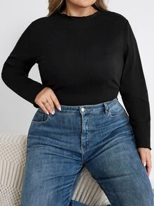 SHEIN CURVE+ 大尺碼女款黑色高領長袖T恤，秋季基礎上衣/冬季秋季，2026 22W 5XL-8XL - 黑色 - 查看 7