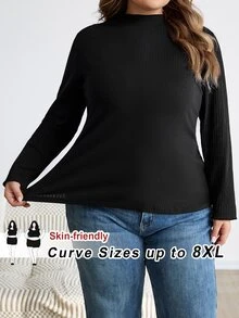 SHEIN CURVE+ 大尺碼女款黑色高領長袖T恤，秋季基礎上衣/冬季秋季，2026 22W 5XL-8XL - 黑色 - 查看 4
