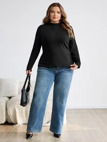 SHEIN CURVE+ 大尺碼女款黑色高領長袖T恤，秋季基礎上衣/冬季秋季，2026 22W 5XL-8XL - 黑色 - 查看 8