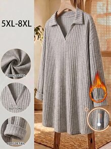 SHEIN CURVE+ 秋冬毛絨羅紋 Polo 領長袖長版 T 恤 2026 秋季 22W 大尺碼 辦公約會居家穿著 卡其色 柔軟修身 正式商務休閒風 - 灰色 - 查看 1