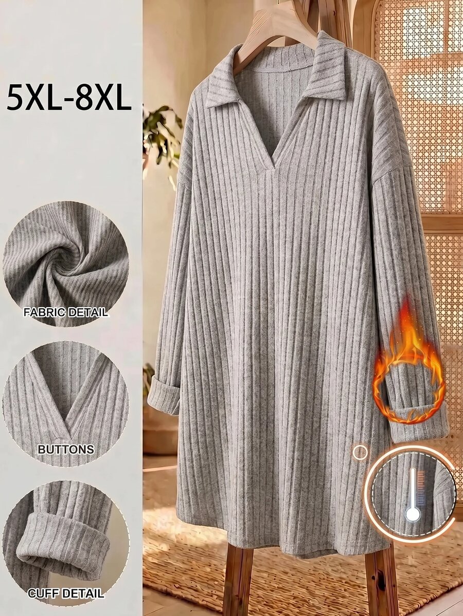 SHEIN CURVE+ 秋冬毛絨羅紋 Polo 領長袖長版 T 恤 2026 秋季 22W 大尺碼 辦公約會居家穿著 卡其色 柔軟修身 正式商務休閒風 - 灰色 - 查看 1