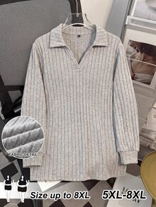SHEIN CURVE+ 秋冬毛絨羅紋 Polo 領長袖長版 T 恤 2026 秋季 22W 大尺碼 辦公約會居家穿著 卡其色 柔軟修身 正式商務休閒風 - 灰色 - 查看 10