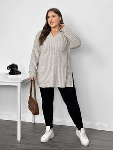 SHEIN CURVE+ 秋冬毛絨羅紋 Polo 領長袖長版 T 恤 2026 秋季 22W 大尺碼 辦公約會居家穿著 卡其色 柔軟修身 正式商務休閒風 - 灰色 - 查看 5