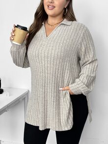 SHEIN CURVE+ 秋冬毛絨羅紋 Polo 領長袖長版 T 恤 2026 秋季 22W 大尺碼 辦公約會居家穿著 卡其色 柔軟修身 正式商務休閒風 - 灰色 - 查看 8