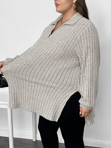 SHEIN CURVE+ 秋冬毛絨羅紋 Polo 領長袖長版 T 恤 2026 秋季 22W 大尺碼 辦公約會居家穿著 卡其色 柔軟修身 正式商務休閒風 - 灰色 - 查看 2