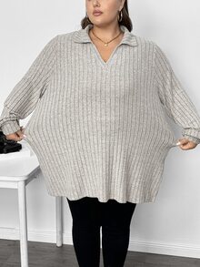 SHEIN CURVE+ 秋冬毛絨羅紋 Polo 領長袖長版 T 恤 2026 秋季 22W 大尺碼 辦公約會居家穿著 卡其色 柔軟修身 正式商務休閒風 - 灰色 - 查看 6