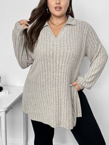 SHEIN CURVE+ 秋冬毛絨羅紋 Polo 領長袖長版 T 恤 2026 秋季 22W 大尺碼 辦公約會居家穿著 卡其色 柔軟修身 正式商務休閒風 - 灰色 - 查看 7