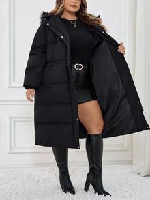 SHEIN CURVE+ 大尺碼女款連帽毛領厚外套，冬季/秋季 2026 22W，適合夜店、外出、度假、辦公室，黑色寬鬆時尚蓬鬆休閒款 - 黑色 - 查看 9