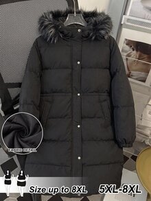 SHEIN CURVE+ 大尺碼女款連帽毛領厚外套，冬季/秋季 2026 22W，適合夜店、外出、度假、辦公室，黑色寬鬆時尚蓬鬆休閒款 - 黑色 - 查看 3