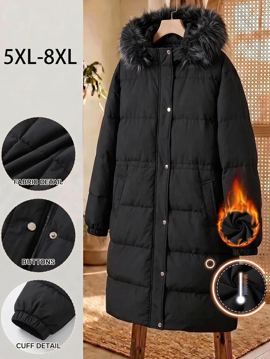 SHEIN CURVE+ 大尺碼女款連帽毛領厚外套,冬季/秋季 2026 22W,適合夜店、外出、度假、辦公室,黑色寬鬆時尚蓬鬆休閒款 - 黑色 - 查看 1