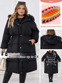 SHEIN CURVE+ 大尺碼女款連帽毛領厚外套，冬季/秋季 2026 22W，適合夜店、外出、度假、辦公室，黑色寬鬆時尚蓬鬆休閒款 - 黑色 - 查看 4