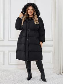 SHEIN CURVE+ 大尺碼女款連帽毛領厚外套，冬季/秋季 2026 22W，適合夜店、外出、度假、辦公室，黑色寬鬆時尚蓬鬆休閒款 - 黑色 - 查看 10