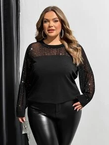 SHEIN CURVE+ 大尺碼女款長袖上衣，日常休閒服飾，2026年秋冬 22W - 黑色 - 查看 6