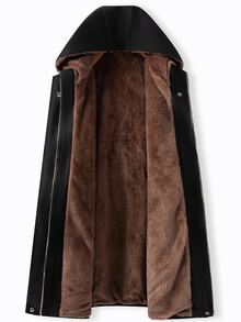 SHEIN CURVE+ جاكيت صوف مقاس كبير كاجوال بسحاب وغطاء رأس ورباط خصر وأكمام طويلة، دافئ، خريف 2026 22W شتاء - الأسود - مشاهدة 6