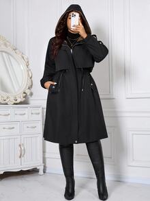 SHEIN CURVE+ جاكيت صوف مقاس كبير كاجوال بسحاب وغطاء رأس ورباط خصر وأكمام طويلة، دافئ، خريف 2026 22W شتاء - الأسود - مشاهدة 7