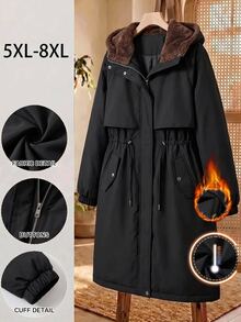 SHEIN CURVE+ جاكيت صوف مقاس كبير كاجوال بسحاب وغطاء رأس ورباط خصر وأكمام طويلة، دافئ، خريف 2026 22W شتاء - الأسود - مشاهدة 1