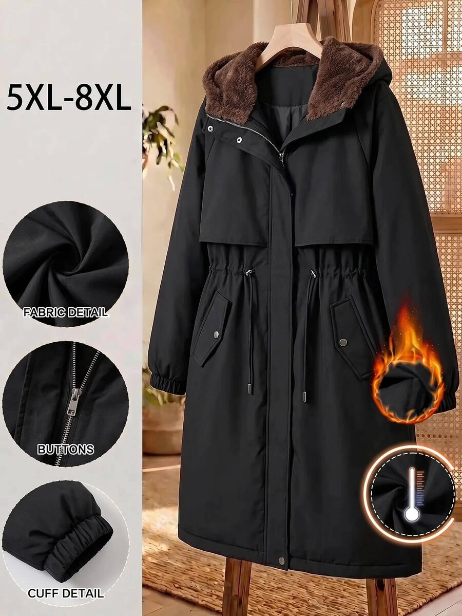 SHEIN CURVE+ جاكيت صوف مقاس كبير كاجوال بسحاب وغطاء رأس ورباط خصر وأكمام طويلة، دافئ، خريف 2026 22W شتاء - الأسود - مشاهدة 1