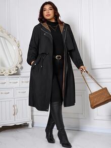 SHEIN CURVE+ جاكيت صوف مقاس كبير كاجوال بسحاب وغطاء رأس ورباط خصر وأكمام طويلة، دافئ، خريف 2026 22W شتاء - الأسود - مشاهدة 5