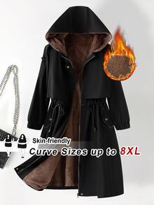 SHEIN CURVE+ جاكيت صوف مقاس كبير كاجوال بسحاب وغطاء رأس ورباط خصر وأكمام طويلة، دافئ، خريف 2026 22W شتاء - الأسود - مشاهدة 4