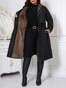 SHEIN CURVE+ جاكيت صوف مقاس كبير كاجوال بسحاب وغطاء رأس ورباط خصر وأكمام طويلة، دافئ، خريف 2026 22W شتاء - الأسود - مشاهدة 9