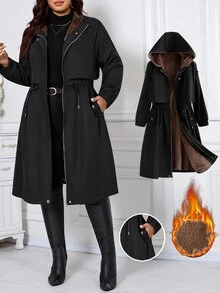 SHEIN CURVE+ جاكيت صوف مقاس كبير كاجوال بسحاب وغطاء رأس ورباط خصر وأكمام طويلة، دافئ، خريف 2026 22W شتاء - الأسود - مشاهدة 10