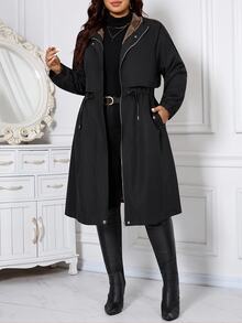 SHEIN CURVE+ جاكيت صوف مقاس كبير كاجوال بسحاب وغطاء رأس ورباط خصر وأكمام طويلة، دافئ، خريف 2026 22W شتاء - الأسود - مشاهدة 8