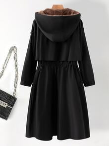 SHEIN CURVE+ جاكيت صوف مقاس كبير كاجوال بسحاب وغطاء رأس ورباط خصر وأكمام طويلة، دافئ، خريف 2026 22W شتاء - الأسود - مشاهدة 2