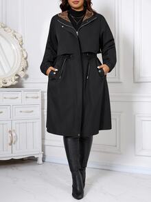 SHEIN CURVE+ جاكيت صوف مقاس كبير كاجوال بسحاب وغطاء رأس ورباط خصر وأكمام طويلة، دافئ، خريف 2026 22W شتاء - الأسود - مشاهدة 3