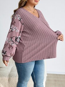 SHEIN CURVE+ 大尺碼花卉印花燈籠袖T恤 秋季 2026 22W 適合約會度假 柔和色調 正裝休閒款 - 藕粉色 - 查看 5