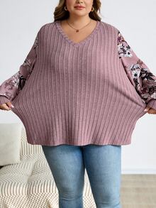 SHEIN CURVE+ 大尺碼花卉印花燈籠袖T恤 秋季 2026 22W 適合約會度假 柔和色調 正裝休閒款 - 藕粉色 - 查看 4