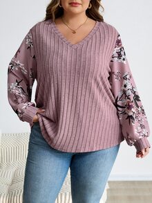SHEIN CURVE+ 大尺碼花卉印花燈籠袖T恤 秋季 2026 22W 適合約會度假 柔和色調 正裝休閒款 - 藕粉色 - 查看 8
