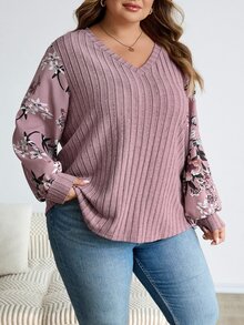 SHEIN CURVE+ 大尺碼花卉印花燈籠袖T恤 秋季 2026 22W 適合約會度假 柔和色調 正裝休閒款 - 藕粉色 - 查看 7