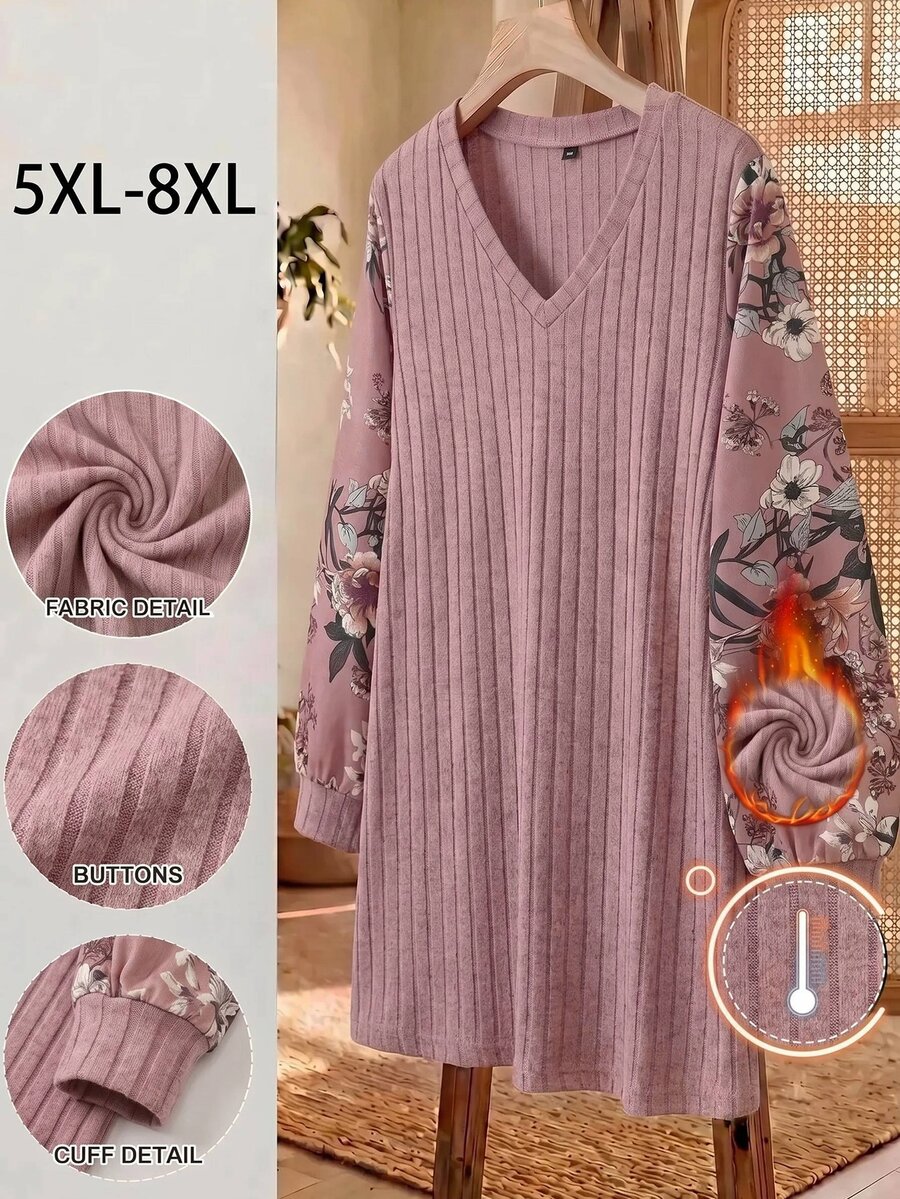 SHEIN CURVE+ 大尺碼花卉印花燈籠袖T恤 秋季 2026 22W 適合約會度假 柔和色調 正裝休閒款 - 藕粉色 - 查看 1
