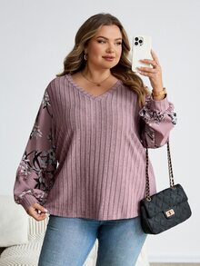 SHEIN CURVE+ 大尺碼花卉印花燈籠袖T恤 秋季 2026 22W 適合約會度假 柔和色調 正裝休閒款 - 藕粉色 - 查看 9