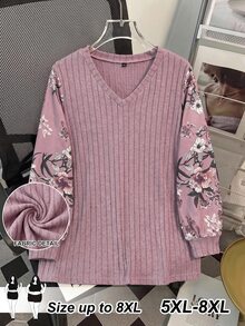 SHEIN CURVE+ 大尺碼花卉印花燈籠袖T恤 秋季 2026 22W 適合約會度假 柔和色調 正裝休閒款 - 藕粉色 - 查看 3