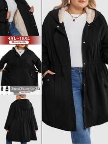 SHEIN CURVE+ 大尺碼黑色冬季休閒登山連帽抓絨外套，Curve 秋冬長袖款，2026 22W - 黑色 - 查看 2