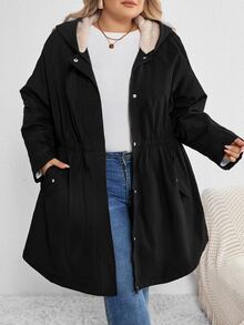 SHEIN CURVE+ 大尺碼黑色冬季休閒登山連帽抓絨外套，Curve 秋冬長袖款，2026 22W - 黑色 - 查看 7