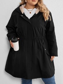 SHEIN CURVE+ 大尺碼黑色冬季休閒登山連帽抓絨外套，Curve 秋冬長袖款，2026 22W - 黑色 - 查看 5