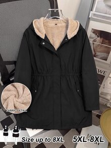 SHEIN CURVE+ 大尺碼黑色冬季休閒登山連帽抓絨外套，Curve 秋冬長袖款，2026 22W - 黑色 - 查看 11