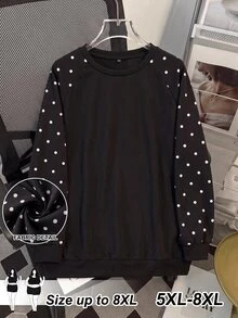 SHEIN CURVE+ Plus Polka Dot Raglan Sleeve Sweatshirt Winter Fall Autumn, 2026 22W Plus Size - Black - View 8