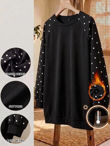 SHEIN CURVE+ Plus Polka Dot Raglan Sleeve Sweatshirt Winter Fall Autumn, 2026 22W Plus Size - Black - View 1