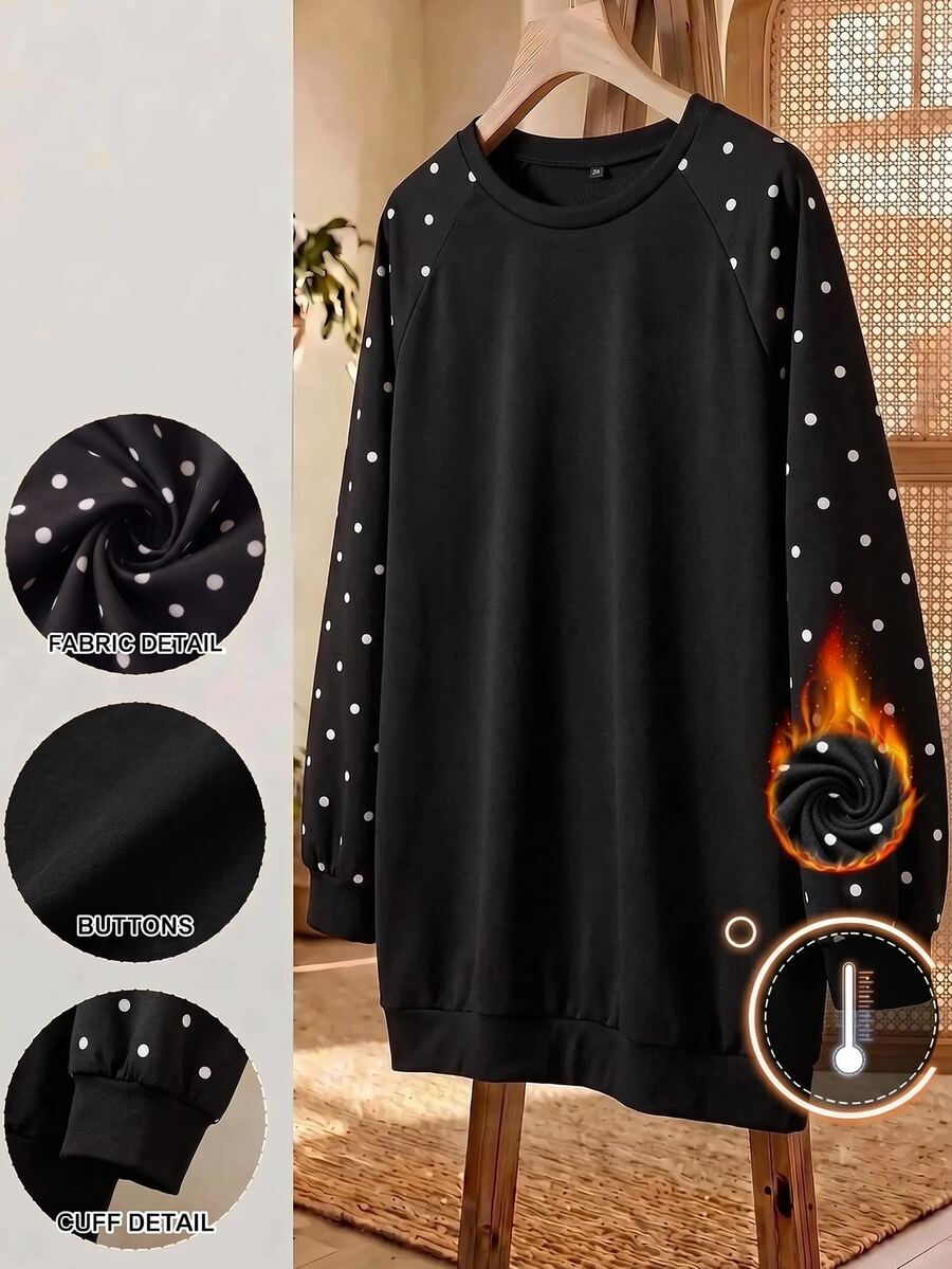 SHEIN CURVE+ Plus Polka Dot Raglan Sleeve Sweatshirt Winter Fall Autumn, 2026 22W Plus Size - Black - View 1