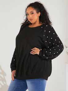 SHEIN CURVE+ Plus Polka Dot Raglan Sleeve Sweatshirt Winter Fall Autumn, 2026 22W Plus Size - Black - View 4