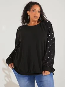 SHEIN CURVE+ Plus Polka Dot Raglan Sleeve Sweatshirt Winter Fall Autumn, 2026 22W Plus Size - Black - View 2