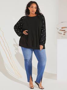 SHEIN CURVE+ Plus Polka Dot Raglan Sleeve Sweatshirt Winter Fall Autumn, 2026 22W Plus Size - Black - View 3