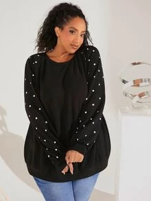 SHEIN CURVE+ Plus Polka Dot Raglan Sleeve Sweatshirt Winter Fall Autumn, 2026 22W Plus Size - Black - View 7